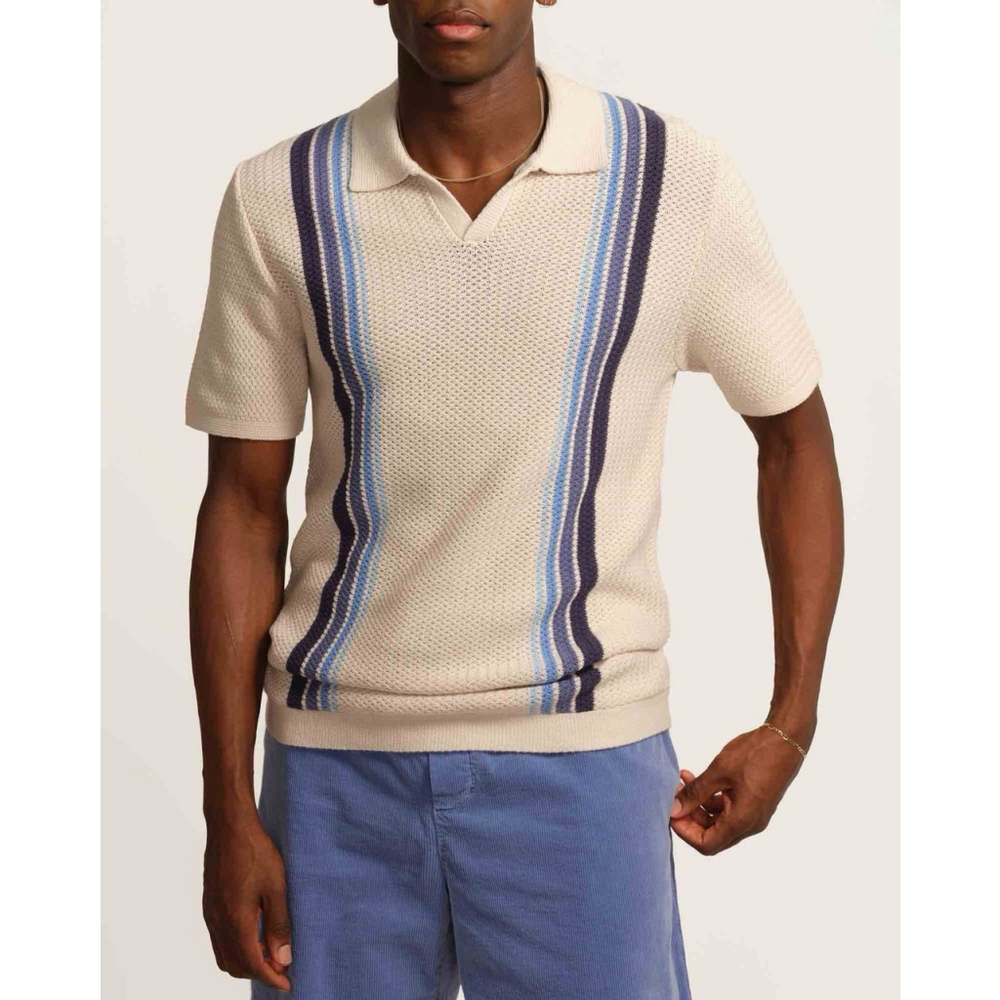 New Magaschoni Men's Johnny Collar With Blue Vertical Stripe Sweater Polo Size M